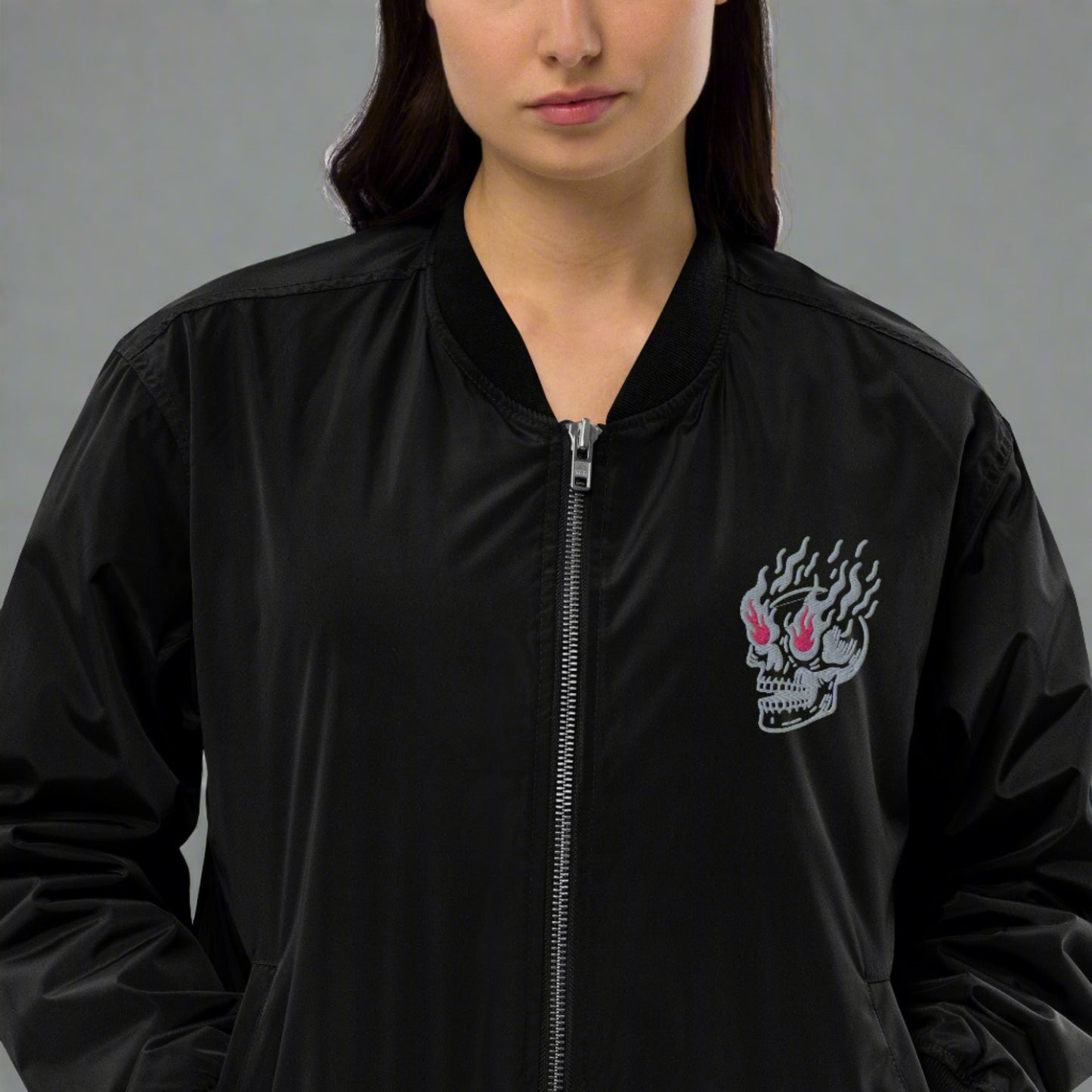 FLAMING EYES SKULL Embroidered Bomber Jacket