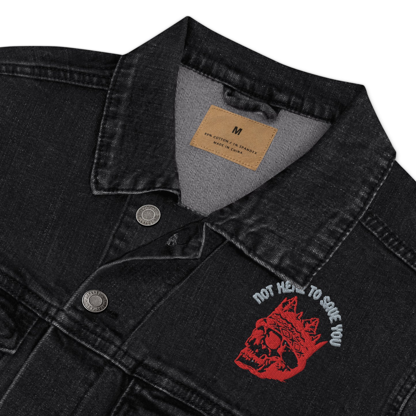 NOT HERE TO SAVE YOU Embroidered Denim Jacket