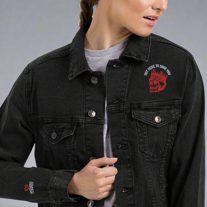 NOT HERE TO SAVE YOU Embroidered Denim Jacket